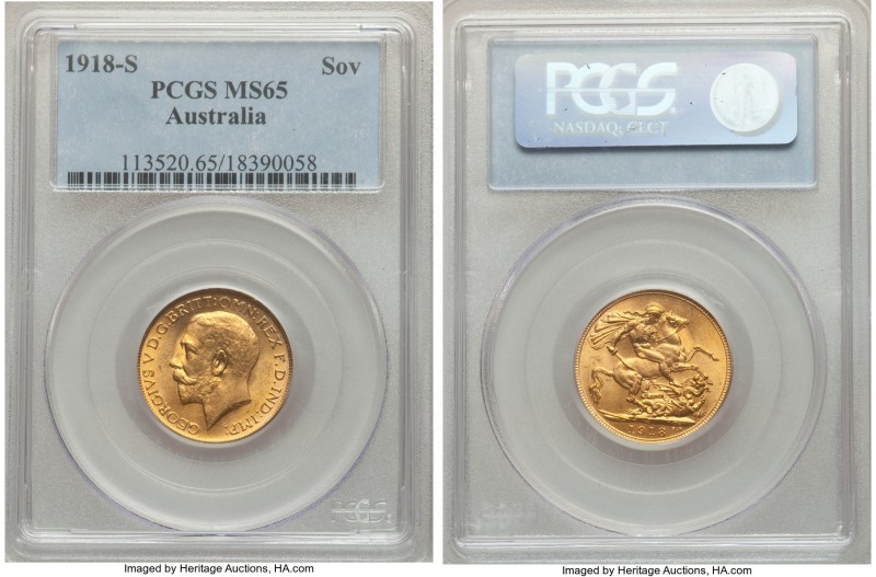 George V gold Sovereign 1918-S MS65 PCGS, Sydney mint, KM29. Wholly radiant and ...