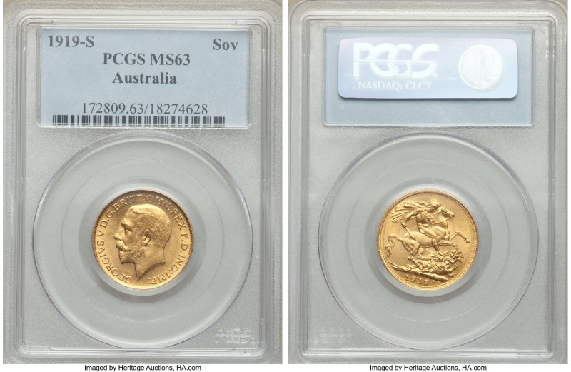 George V gold Sovereign 1919-S MS63 PCGS, Sydney mint, KM29. A bold portrait sur...