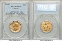 George V gold Sovereign 1919-S MS63 PCGS, Sydney mint, KM29. A bold portrait surrounded by satin luster and only minor contact marks observed over the...