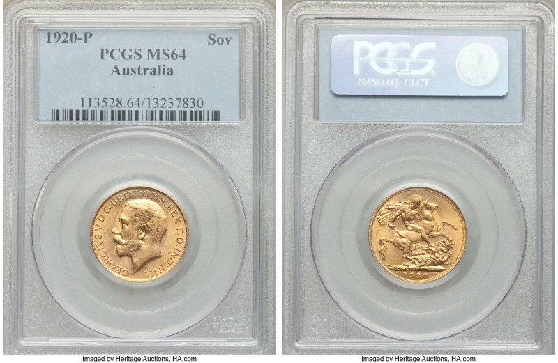 George V gold Sovereign 1920-P MS64 PCGS, Perth mint, KM29. Matte-like texture t...