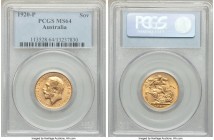 George V gold Sovereign 1920-P MS64 PCGS, Perth mint, KM29. Matte-like texture to the surfaces with a touch of central softness and apricot bloom in t...