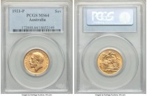 George V gold Sovereign 1921-P MS64 PCGS, Perth mint, KM29. Fresh in appearance with only the mildest forms of handling noted, and gleaming luster tha...