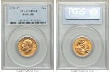 George V gold Sovereign 1922-P MS64 PCGS, Perth mint, KM29. Sharply produced, with honey color woven into the surfaces, little in the way of post-stri...