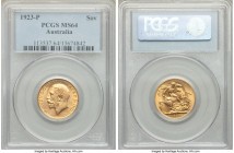 George V gold Sovereign 1923-P MS64 PCGS, Perth mint, KM29. Only one specimen currently certifies finer than the present offering in either NGC or PCG...