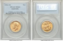 George V gold Sovereign 1924-M MS64 PCGS, Melbourne mint, KM29. A brilliant representative, nearly gem, with strong eye appeal and sharp detailing thr...