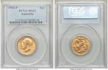 George V gold Sovereign 1924-P MS63 PCGS, Perth mint, KM29. Fresh mint bloom over satin-sheathed surfaces, with features that retain their as-struck a...