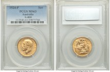 George V gold Sovereign 1924-P MS63 PCGS, Perth mint, KM29. Blush-gold in color, the reverse designs retain crisp detailing while mild adjustment mark...