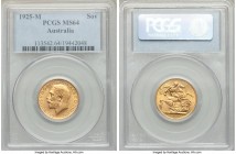 George V gold Sovereign 1925-M MS64 PCGS, Melbourne mint, KM29. Approaching gem, with a gleaming lustrous sheen over both sides and a particularly cho...