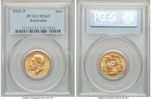 George V gold Sovereign 1925-P MS63 PCGS, Perth mint, KM29. An attractive example with mild handling marks over the portrait, lustrous fields and deep...