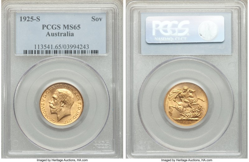 George V gold Sovereign 1925-S MS65 PCGS, Sydney mint, KM29. An exemplary piece,...