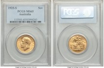 George V gold Sovereign 1925-S MS65 PCGS, Sydney mint, KM29. An exemplary piece, fully lustrous and expertly produced, with particularly fresh surface...
