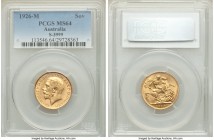 George V gold Sovereign 1926-M MS64 PCGS, Melbourne mint, KM29, S-3999. Not often available so fine, this select example displays a slight softness to...