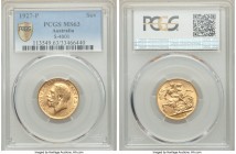 George V gold Sovereign 1927-P MS63 PCGS, Perth mint, KM29, S-4001. Fully vibrant from start to finish, with expertly detailed motifs and few notewort...