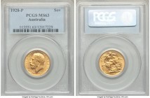 George V gold Sovereign 1928-P MS63 PCGS, Perth mint, KM29. Attractively lustrous, only a consistent spread of the lightest friction precluding higher...