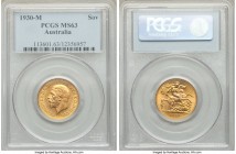 George V gold Sovereign 1930-M MS63 PCGS, Melbourne mint, KM32. A scarcer date in the Australian George V series that saw only 77,000 struck. 

HID098...