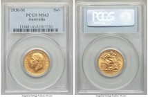 George V gold Sovereign 1930-M MS63 PCGS, Melbourne mint, KM32. A choice emission displaying watery obverse fields and free-flowing cartwheel luster t...