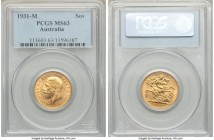 George V gold Sovereign 1931-M MS63 PCGS, Melbourne mint, KM32. A fetching example of this much scarcer date and mint combination featuring sun gold b...