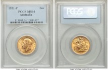 George V gold Sovereign 1931-P MS64 PCGS, Perth mint, KM32. Highly visually appealing, with supremely watery surfaces dressed in tinges of deeper gold...