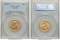 Edward VII gold Sovereign 1909-C AU55 PCGS, Ottawa mint, KM14. An attractive example, with amber patination over both sides and remnants of luster sti...