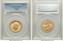 George V gold Sovereign 1911-C MS64 PCGS, Ottawa mint, KM20, S-3997. Bordering on gem, with an even strike and full luster observed over both sides. A...