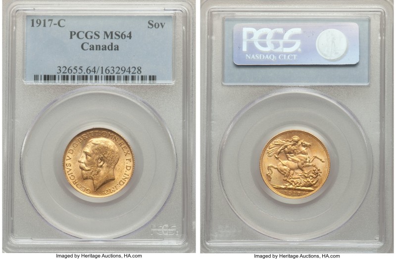George V gold Sovereign 1917-C MS64 PCGS, Ottawa mint, KM20. A bright emission r...