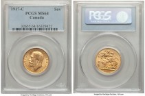 George V gold Sovereign 1917-C MS64 PCGS, Ottawa mint, KM20. Near the peak of certified condition for this date, exceeded by only a single PCGS-certif...