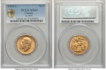George V gold Sovereign 1918-C MS63 PCGS, Ottawa mint, KM20, S-3997. Charming even in light of its assigned choice grade, luxurious mint brilliance en...