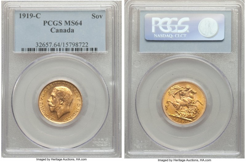 George V gold Sovereign 1919-C MS64 PCGS, Ottawa mint, KM20. Certified to the ne...