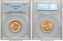 British India. George V gold Sovereign 1918-I MS65 PCGS, Mumbai mint, KM-A525. A one-year type, here preserved to the peak of condition seen by the gr...