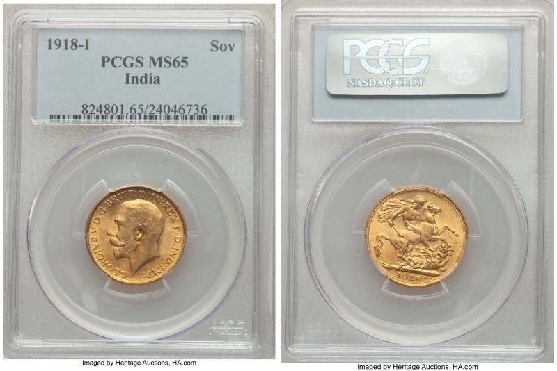 British India. George V gold Sovereign 1918-I MS65 PCGS, Mumbai mint, KM-A525. G...