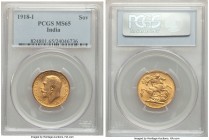 British India. George V gold Sovereign 1918-I MS65 PCGS, Mumbai mint, KM-A525. Graced with satiny luster over surfaces displaying a notable degree of ...