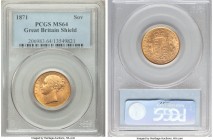 Victoria gold "Shield" Sovereign 1871 MS64 PCGS, KM736.2. A fine specimen of scarce preservation for this typically prolific date. 

HID09801242017

©...
