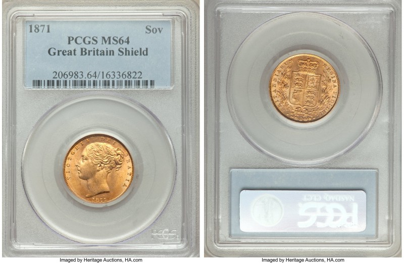 Victoria gold "Shield" Sovereign 1871 MS64 PCGS, KM736.2. A true conditional rar...