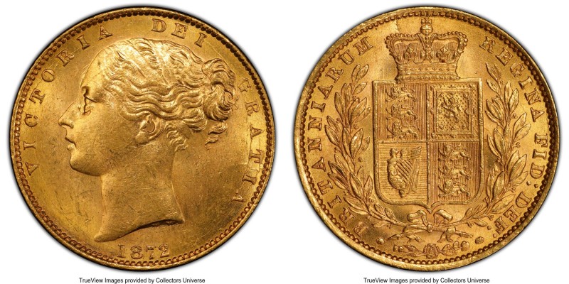 Victoria gold "Shield" Sovereign 1872 MS63+ PCGS, KM736.2, S-3853B. Without die ...