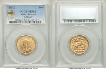 Victoria gold Sovereign 1892 MS62 PCGS, KM767, S-3866C. Showing slightly fewer bagmarks than are often seen for the type, with handsome features on th...