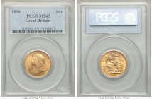 Victoria gold Sovereign 1896 MS63 PCGS, KM785, S-3874. Decorated in a delightful ring of tangerine tone which frames the central designs. Tied for the...