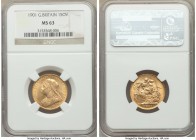 Victoria gold Sovereign 1901 MS63 NGC, KM785, S-3874. A presently unsurpassed grade in certified populations, the lowest mintage London mint Veiled He...