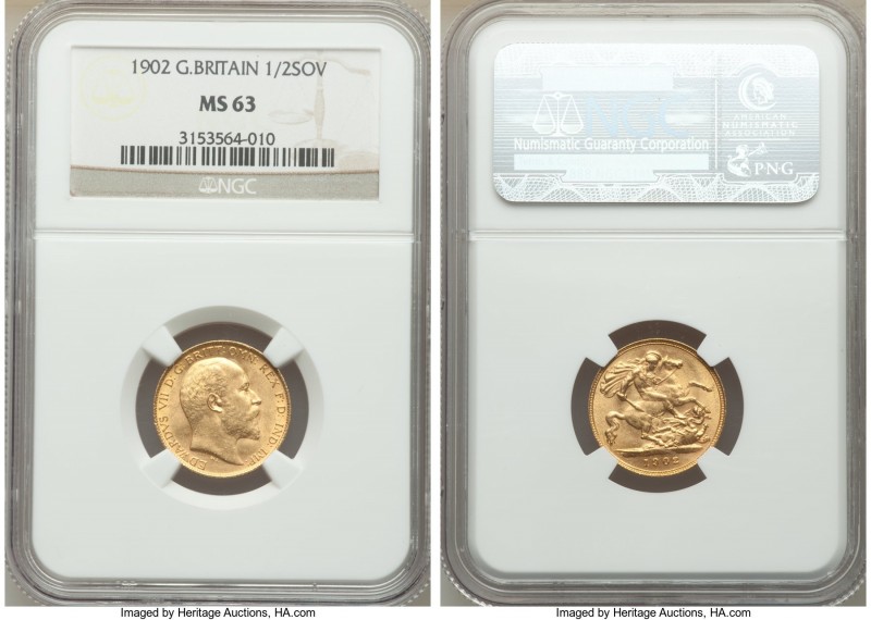 Edward VII gold 1/2 Sovereign 1902 MS63 NGC, KM804. A lustrous representative of...