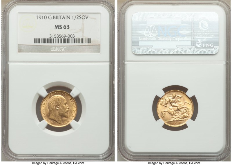 Edward VII gold 1/2 Sovereign 1910 MS63 NGC, KM804. Firmly choice, with a light ...