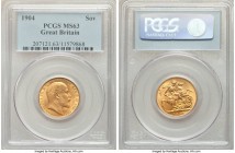 Edward VII gold Sovereign 1904 MS63 PCGS, KM805. Highly pleasing, with lustrous surfaces that surround the sharp designs and a scattering of mild cont...