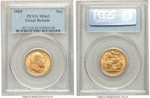 Edward VII gold Sovereign 1905 MS63 PCGS, KM805. Fully alluring, with tinges of mint luster over the mildly marked surfaces and deeply impressed image...