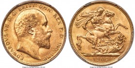 Edward VII gold Sovereign 1907 MS64 PCGS, KM805, S-3696. Conditionally impressive, with ambered surfaces and a bolder-than-usual strike for the type. ...
