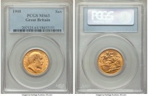 Edward VII gold Sovereign 1908 MS63 PCGS, KM805. Absolutely bold and virtually free of distractions, with both sides sheathed in apricot-honey color.
...