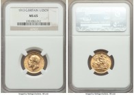 George V gold 1/2 Sovereign 1913 MS65 NGC, KM819. Remarkably clear in the fields with sharp obverse detailing and only a hit of softness on St. George...