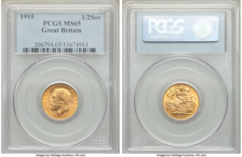 George V gold 1/2 Sovereign 1915 MS65 PCGS, KM819, S-4006. The final year of Geo...