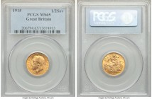 George V gold 1/2 Sovereign 1915 MS65 PCGS, KM819, S-4006. The final year of George V's British 1/2 Sovereign series. 

HID09801242017

© 2020 Heritag...
