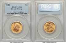 George V gold Sovereign 1912 MS65 PCGS, KM820. An absolute gem, fresh satin-sheathed surfaces radiating with palpable luster, the portrait of the King...