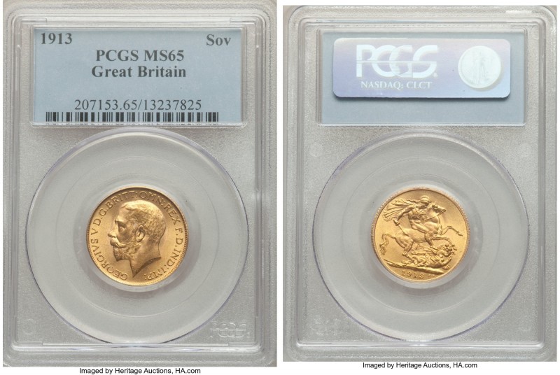 George V gold Sovereign 1913 MS65 PCGS, KM820. Superior for the issue and marked...