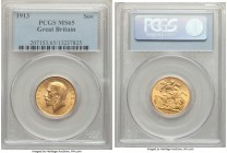 George V gold Sovereign 1913 MS65 PCGS, KM820. Superior for the issue and marked by a stark mint brilliance that illuminates the struck features. 

HI...