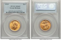 George V gold Sovereign 1915 MS65 PCGS, KM820. Visually captivating and stunningly lustrous, a rich dandelion golden tone gripping the devices. 

HID0...